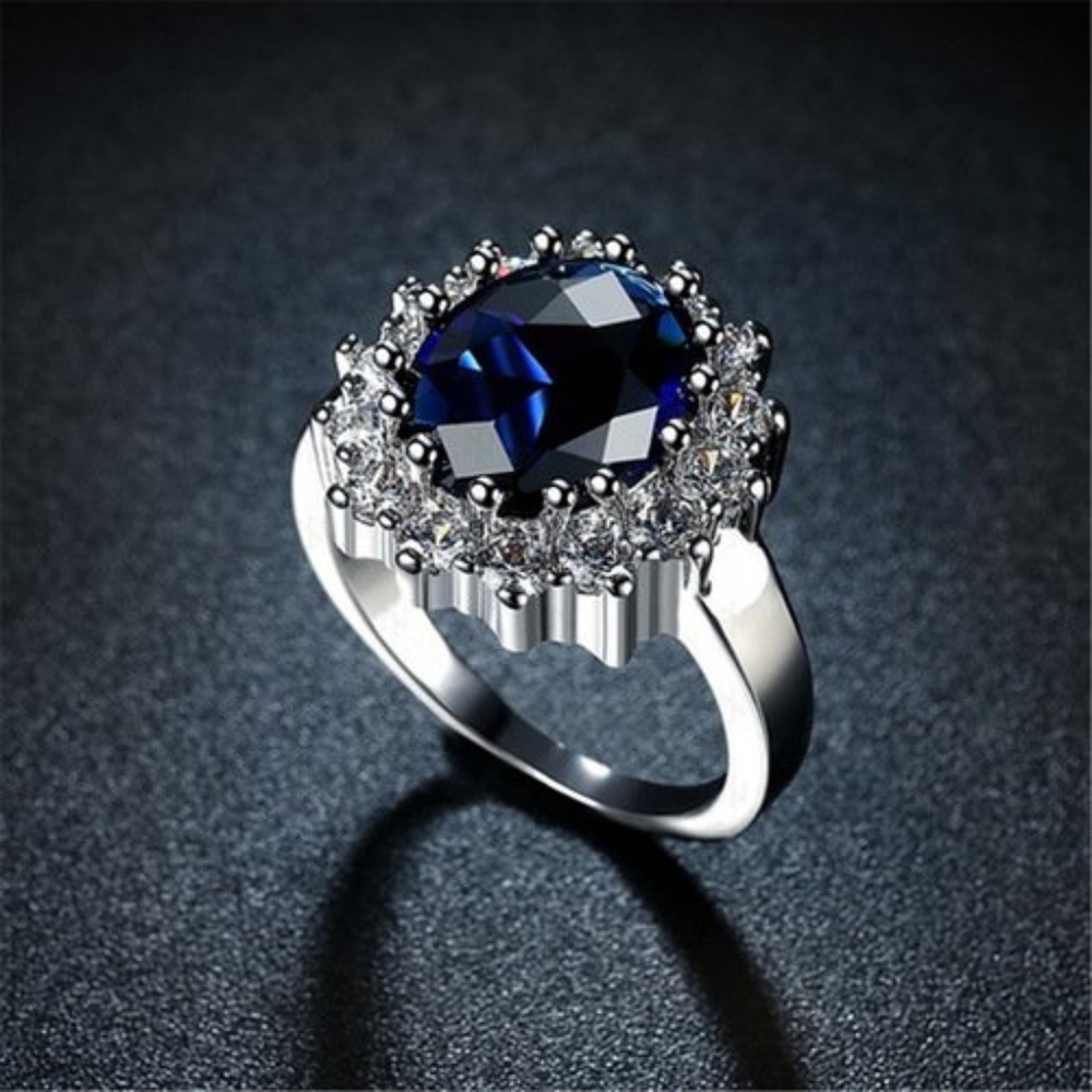 Sapphire Halo Oval CZ Platinum Plate Cocktail Ring